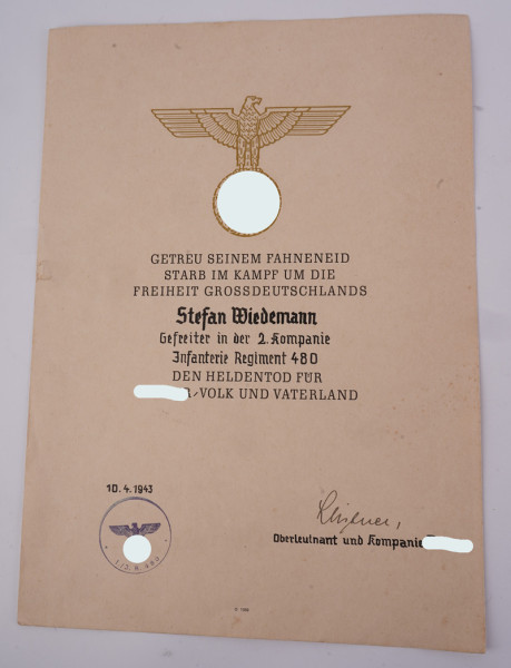 Gefallenenurkunde Wiedemann Infanterie-Regiment 480