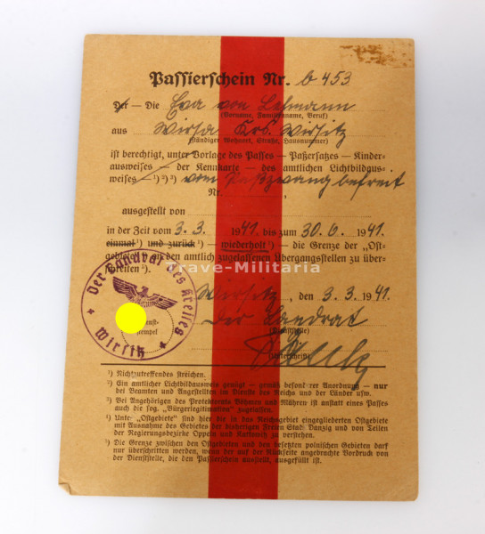 Passierschein Kreis Wirsitz für Grenzübergang "Ostgebiete"