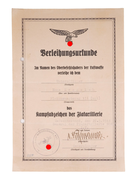 Urkunde Kampfabzeichen der Flakartillerie Kregeloh Flakauswertezug 131 (mot)