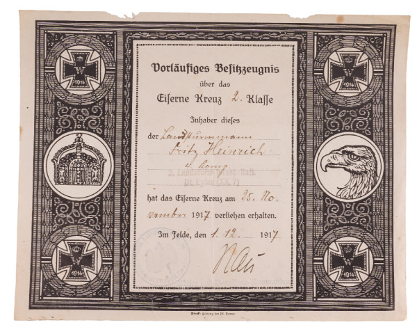 Vorläufiges Besitzzeugnis Eisernes Kreuz 2. Klasse Heinrich