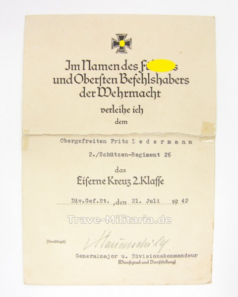 Urkunde Eisernes Kreuz 2. Klasse 24. Panzerdivision