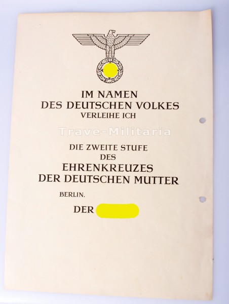 Urkunde Ehrenkreuz der Deutschen Mutter in Silber (blanco)