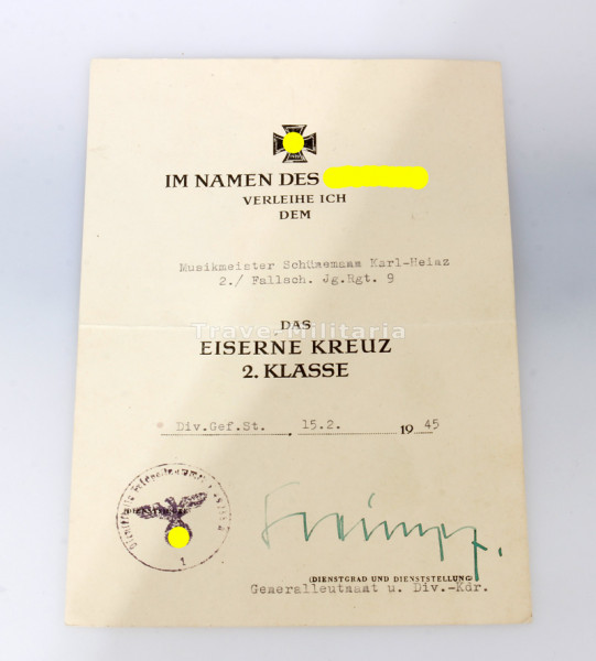 Urkunde Musikmeister Schünemann Fallsch.Jg.Rgt. 9
