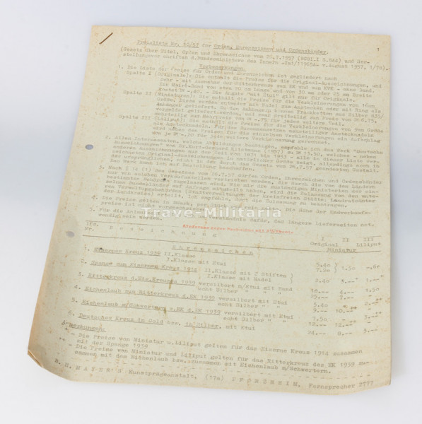 B. H. Mayer's Kunstprägeanstalt Preisliste 10/57
