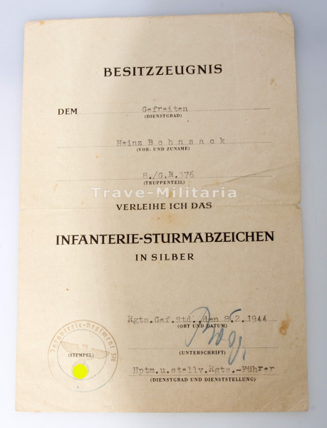Besitzzeugnis Infanterie-Sturmabzeichen in Silber Bohnsack