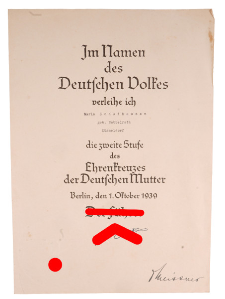 Urkunde Ehrenkreuz der Deutschen Mutter 2. Stufe Schafhausen