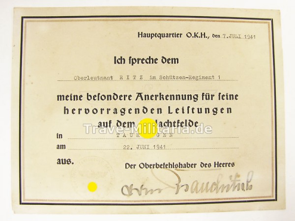 Annerkennungsurkunde Oberleutnant Alfred Ritz S.R. 1