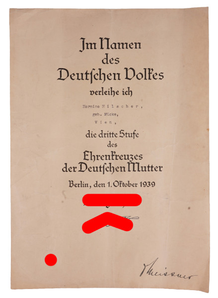 Urkunde Ehrenkreuz der Deutschen Mutter in Bronze Hilscher, Wien