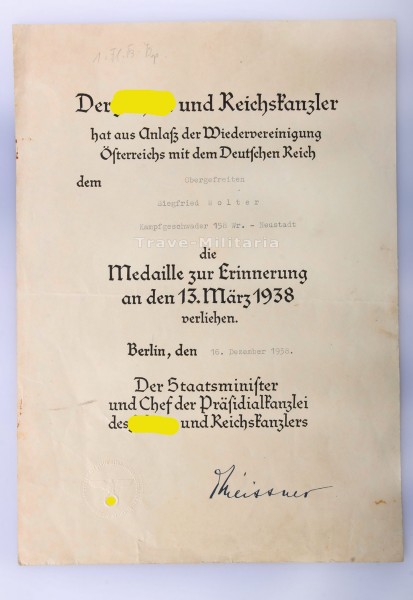 Verleihungsurkunde - Medaille zur Erinnerung an den 13.März 1938