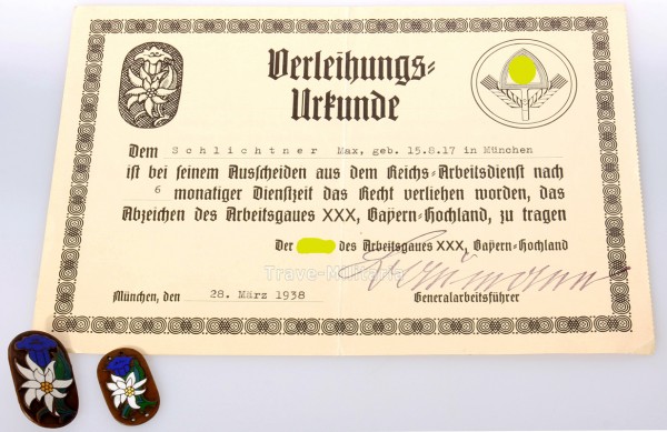 Urkunde Abzeichen des Arbeitsgau XXX Schlichtner und 2 Abzeichen