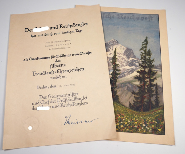 Urkunde u. Telegramm Oberpostschaffner Frühauf, silbernes Treudienst-Ehrenzeichen