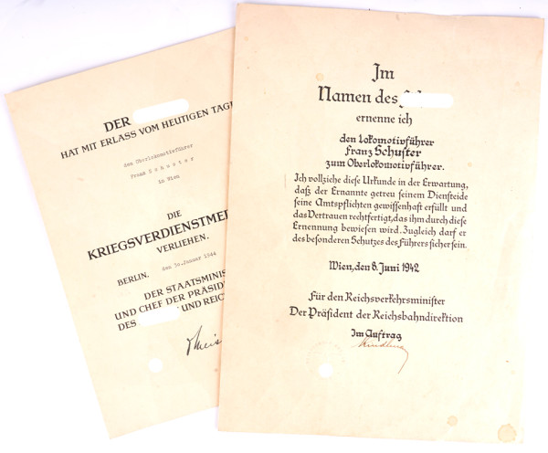 Urkundenpaar Oberlokomotivführer Franz Schuster Wien