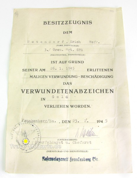 Urkunde Verwundetenabzeichen in Gold