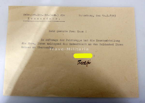 Übersendungsschreiben Gedenkblatt Hass Schw.Art.Ers.Abt.(mot.) 290