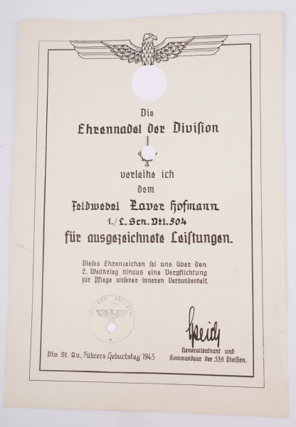 Urkunde Ehrennadel der 539. Division Hofmann L.Sch.Btl.504