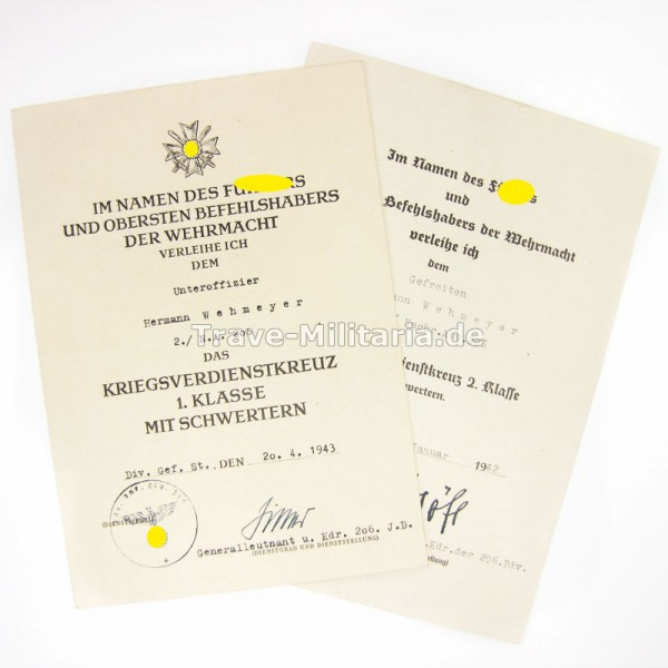 2 Urkunden zum KVK 1. und 2. Klasse Nachrichten-Abteilung 206