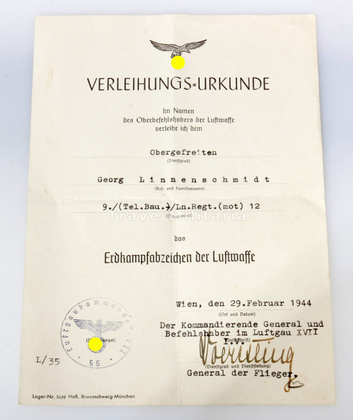 Urkunde Erdkampfabzeichen Luftwaffe Linnenschmidt L.N.Regt.(mot.) 12