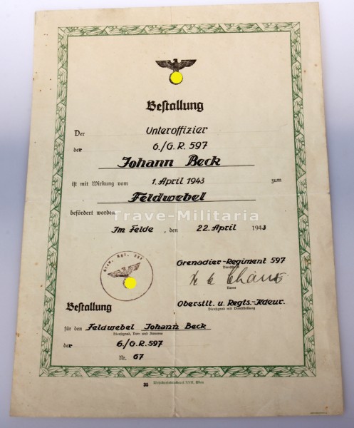 Bestallung zum Feldwebel 6./G.R. 597 Johann Beck