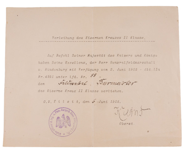 Urkunde Eisernes Kreuz 2. Klasse Burmeister 1915