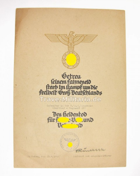 Gefallenenurkunde Grenadier-Regiment 257 Gefallen April 1943
