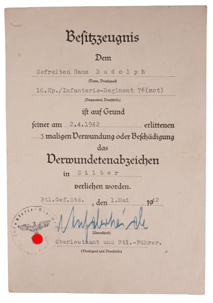 Besitzzeugnis Verwundetenabzeichen in Silber Rudolph I.R.76 (mot)