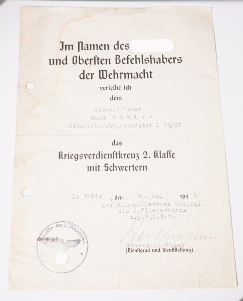Urkunde Kriegsverdienstkreuz 2.Klasse mit Schwertern Pähler