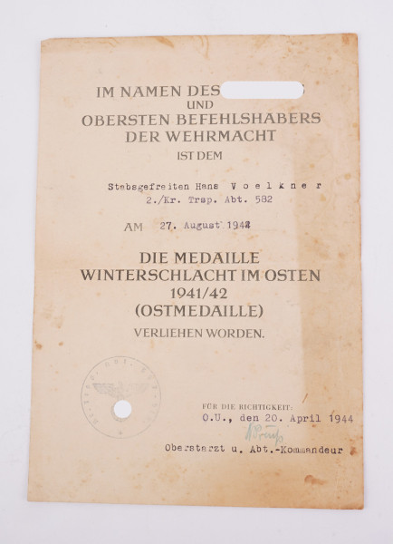 Urkunde Medaille Winterschlacht im Osten 1941/42 Voelkner
