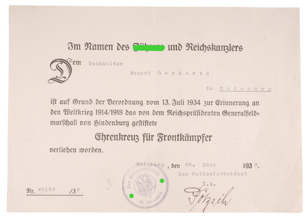 Urkunde Ehrenkreuz für Frontkämpfer Gerhartz Duisburg