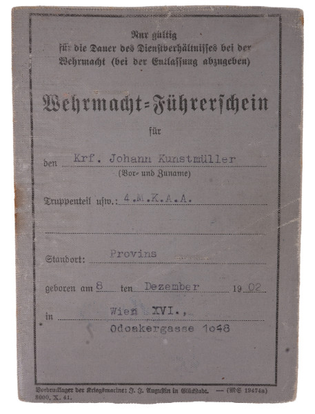 Wehrmacht-Führerschein Kunstmüller 4.M.K.A.A.