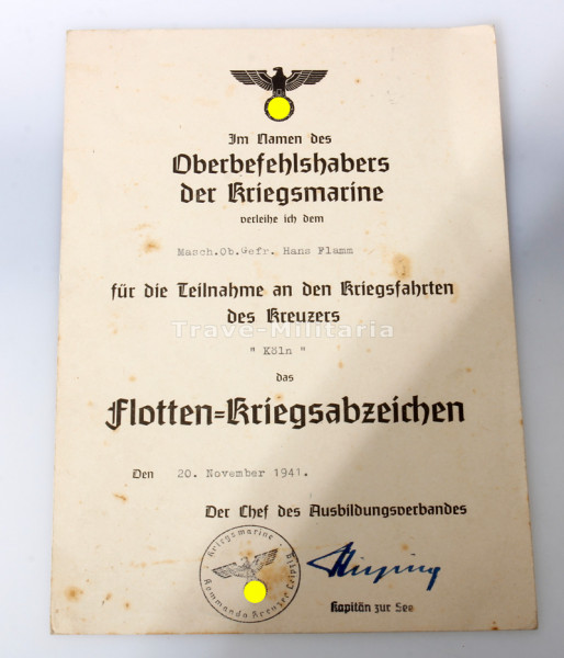 Urkunde Flottenkriegsabzeichen Flamm Kreuzer "Köln"