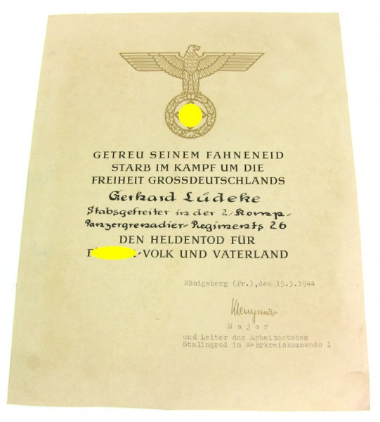 Heldentodurkunde Stalingrad