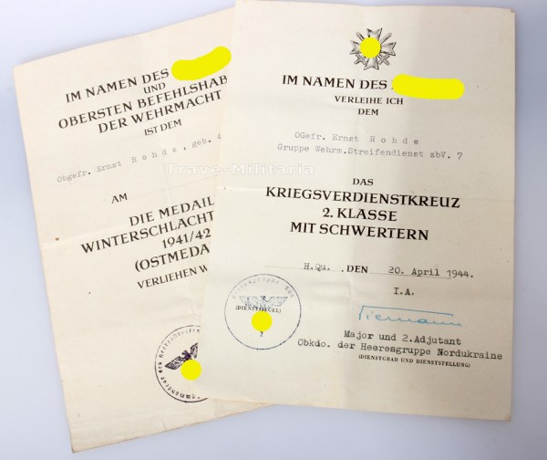 Urkundenpaar Rohde Gruppe Wehrmacht Streifendienst z.b.V.7