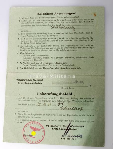 Einberufungsbefehl Volkssturm Gau Westmark Adolf Kummitur