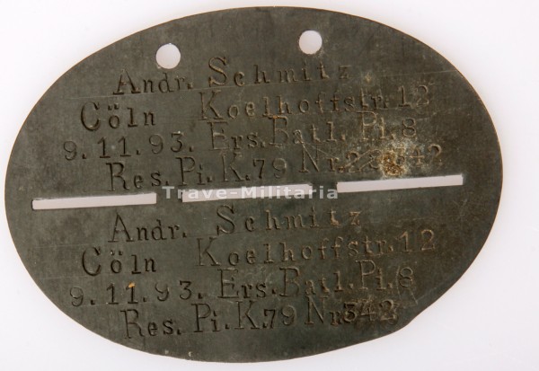 Erkennungsmarke 1. Weltkrieg Schmitz Ers. Batl. Pi.8