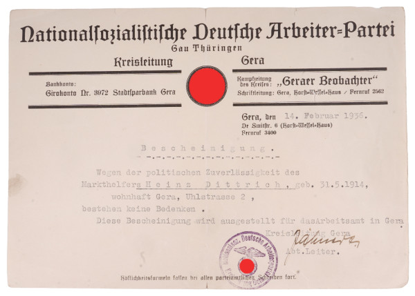 NSDAP Gau Thüringen Bescheinigung Dittrich über Zuverlässigkeit