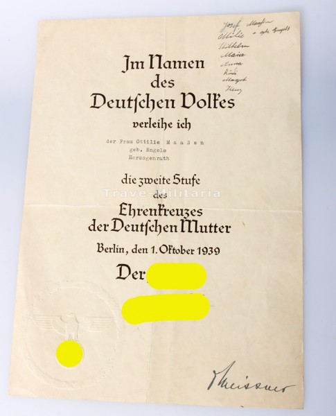 Urkunde Ehrenkreuz der Deutschen Mutter 2. Stufe Maaßen Herzogenrath