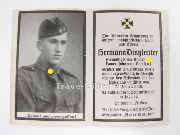 Sterbebild Waffen-SS Dinglreiter Rothof