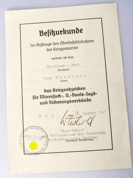 Urkunde Kriegsabzeichen für Minensuch- U-Boot-Jagd-und Sicherungsverbände Windisch