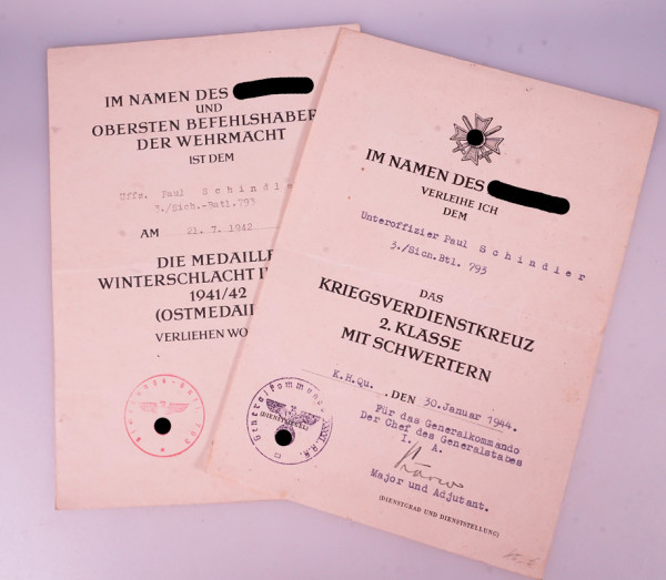 Urkundenpaar Schindler Sich.Btl.793 Sicherung-Bataillon 703