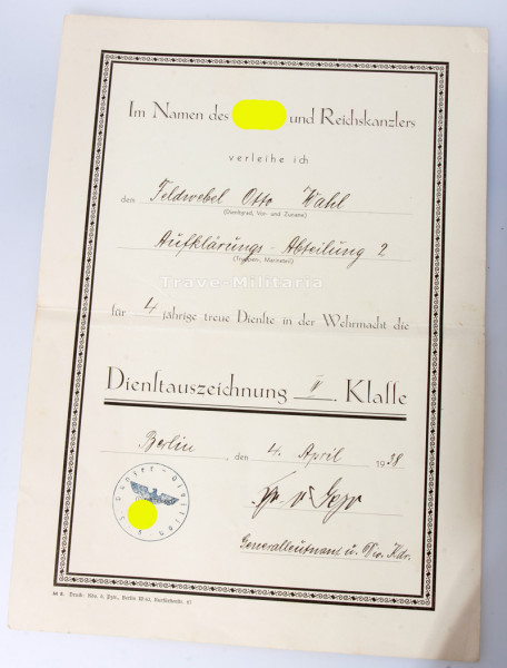 Urkunde Dienstauszeichnung IV. Klasse Wahl Aufklärungs-Abteilung 2