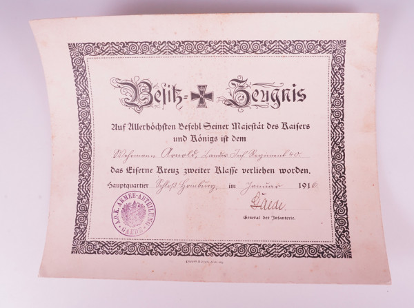 Besitz-Zeugnis Eisernes Kreuz 2. Klasse Land.Inf.Regt. 40