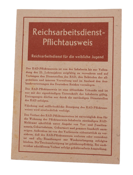 Reichsarbeitsdienst - Pflichtausweis RAD w.J. Möhring Elmshorn