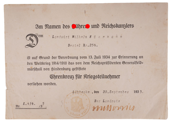 Urkunde Ehrenkreuz für Kriegsteilnehmer Hüsemann Lübbecke