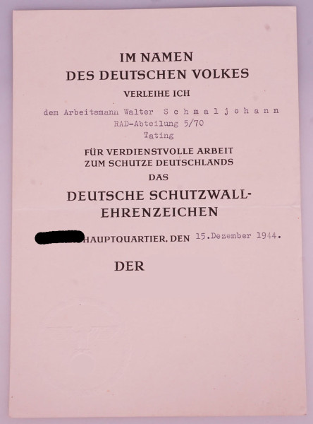 Urkunde Deutsches Schutzwall-Ehrenzeichen, Schmaljohann