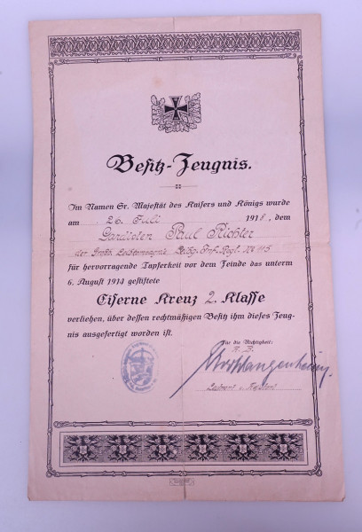Besitzzeugnis Eisernes Kreuz 2. Klasse Leipg.Inf.Regt. No 115