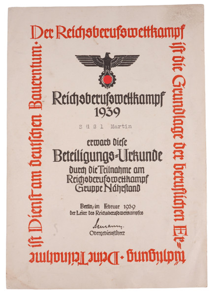 Beteiligungsurkunde Süßl Reichsberufswettkampf 1939