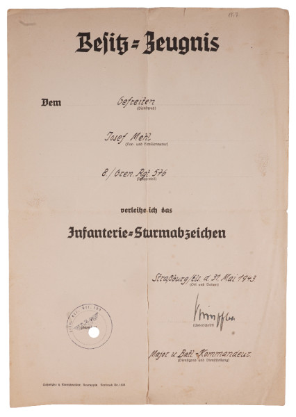 Besitz-Zeugnis Infanterie-Sturmabzeichen Mehl Gren. Rgt. 576