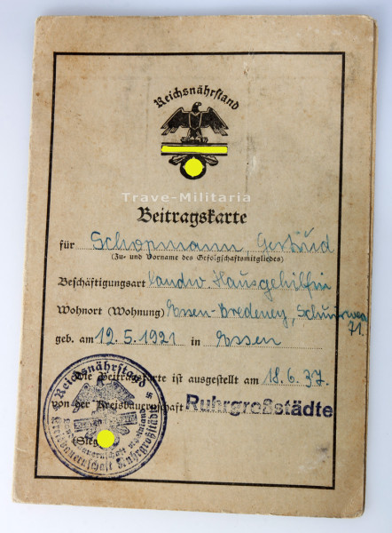 Reichsnährstand Beitragskarte Schopmann Essen 1937