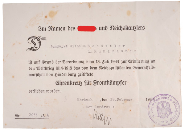 Urkunde Ehrenkreuz für Frontkämpfer Schüttler Mühlhausen
