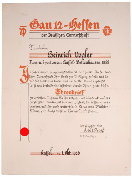 Ehrenbrief Vogler Deutsche Turnerschaft Hau 12 Hessen